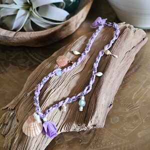 Boho Beach Necklace Shells + Charms on Bandana Cord Coastal Cowgirl Summer